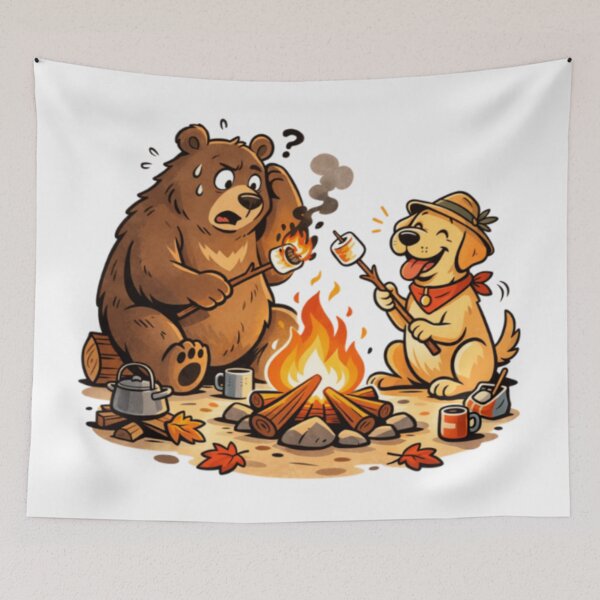 Item preview, Labrador and Bear Roasting Marshmallow | Funny Camping Dog Bear Art | Lab Campfire Humor designed and sold by PawPrintCustom.