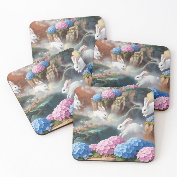 Item preview, White Bunnies Hopping Through Hydrangeas designed and sold by M-Y-A-R-T-.