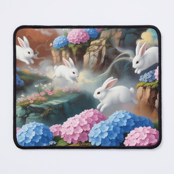 Item preview, White Bunnies Hopping Through Hydrangeas designed and sold by M-Y-A-R-T-.