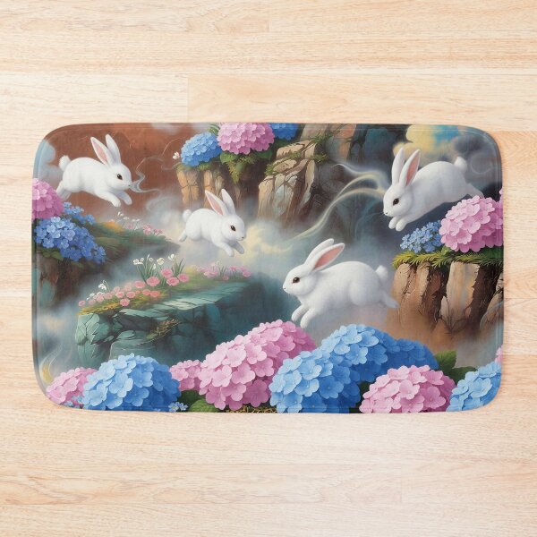 Item preview, White Bunnies Hopping Through Hydrangeas designed and sold by M-Y-A-R-T-.
