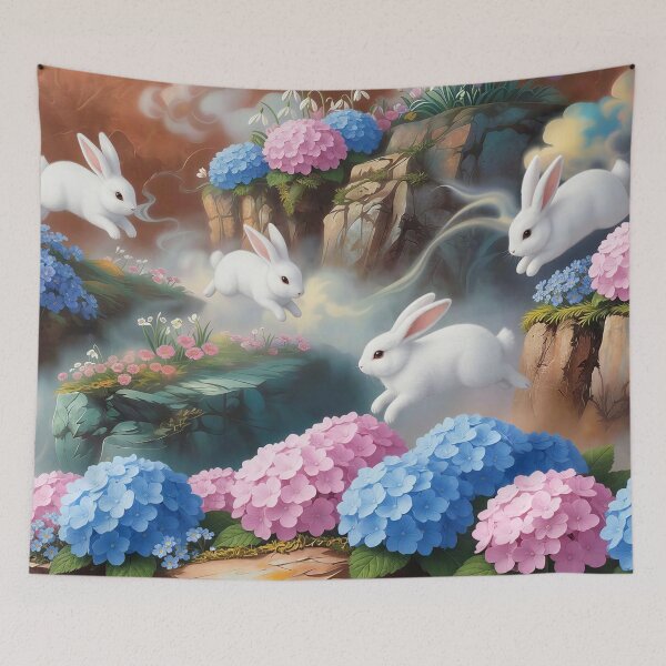 Item preview, White Bunnies Hopping Through Hydrangeas designed and sold by M-Y-A-R-T-.