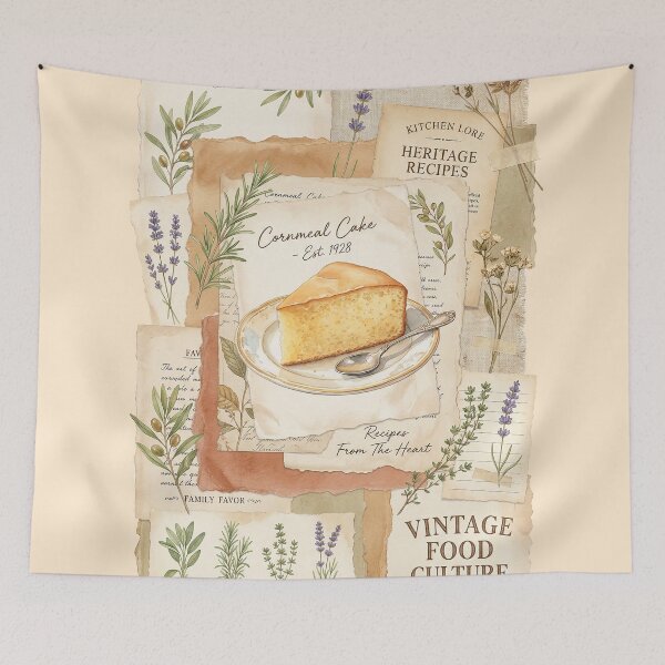 Item preview, Vintage Recipe Collage Art Print – Cottagecore Kitchen Herbs & Cornmeal Cake Illustration designed and sold by Verycutethings.