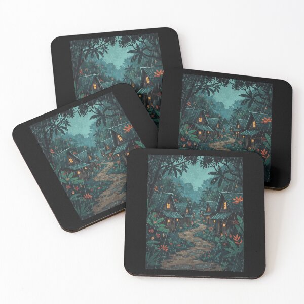 Item preview, Rainy Jungle Village Night Scene designed and sold by jovialroots.