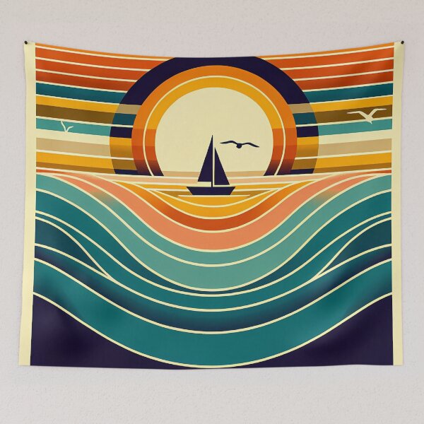 Item preview, Geometric Sunset Sailboat Over Colour-Block Waves designed and sold by InkSmithery.