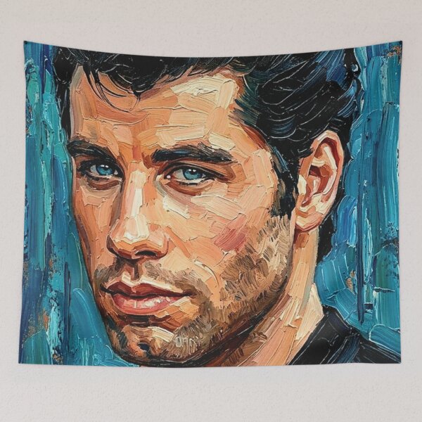 Item preview, The Blue-Eyed Icon: John Travolta Turquoise Impasto Portrait designed and sold by Art's Diner.