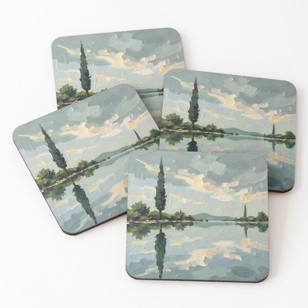 Item preview, Calm Lake Reflection – Pastel Impasto Landscape with Cypress Trees | Serene Nature Wall Art designed and sold by Nene's design.