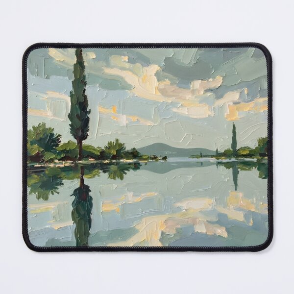 Item preview, Calm Lake Reflection – Pastel Impasto Landscape with Cypress Trees | Serene Nature Wall Art designed and sold by Nene's design.