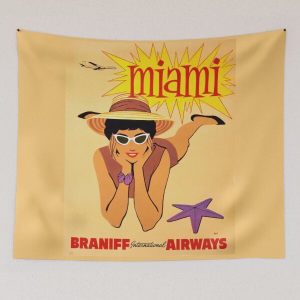 Item preview, Vintage Miami Travel Poster | Braniff International Airways | Mid-Century Modern Art | Retro Air Travel Decor | Tropical Vacation Vibes designed and sold by artofuniverse.