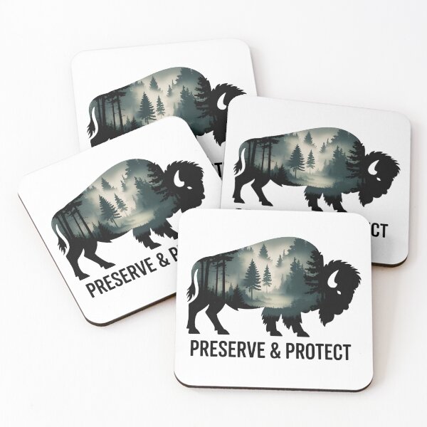 Item preview, Preserve & Protect Nature Double Exposure Bison Silhouette Trees Forest Save the Environment Climate Change Wilderness Hiking Camping designed and sold by ArcticFoxStudio.