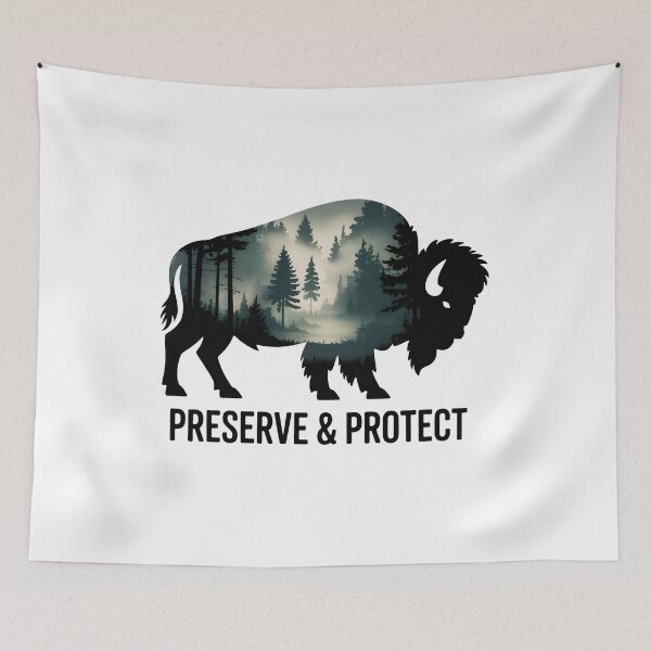 Item preview, Preserve & Protect Nature Double Exposure Bison Silhouette Trees Forest Save the Environment Climate Change Wilderness Hiking Camping designed and sold by ArcticFoxStudio.