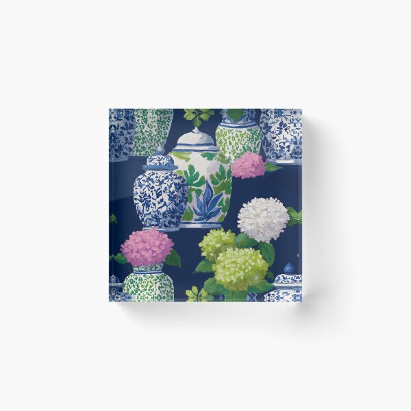 Item preview, Preppy hydrangea and ginger jars in navy blue, preppy pink and Kelly green designed and sold by SophieClimaArt.