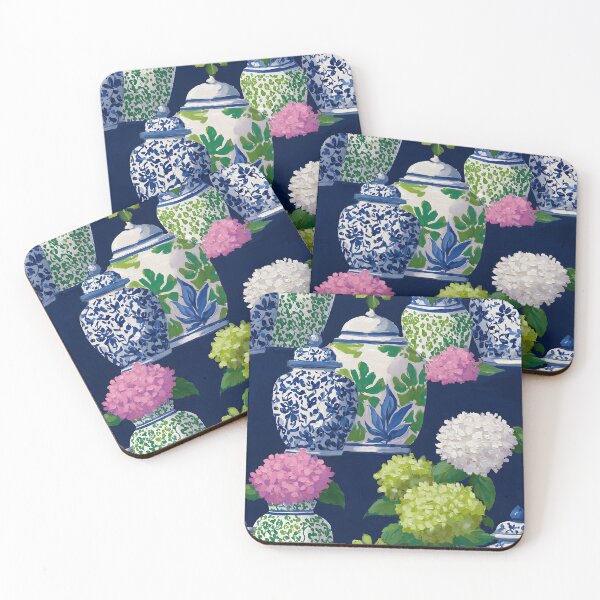 Item preview, Preppy hydrangea and ginger jars in navy blue, preppy pink and Kelly green designed and sold by SophieClimaArt.