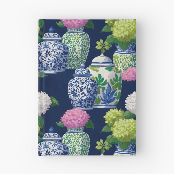 Item preview, Preppy hydrangea and ginger jars in navy blue, preppy pink and Kelly green designed and sold by SophieClimaArt.