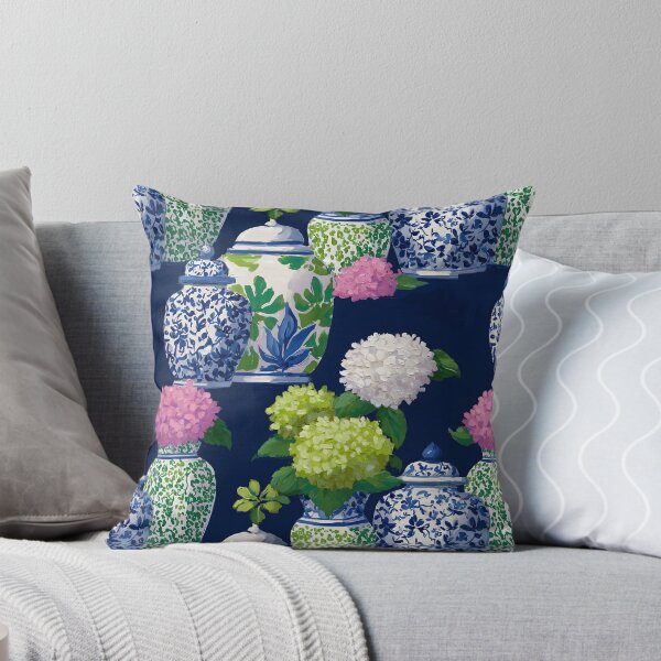 Item preview, Preppy hydrangea and ginger jars in navy blue, preppy pink and Kelly green designed and sold by SophieClimaArt.