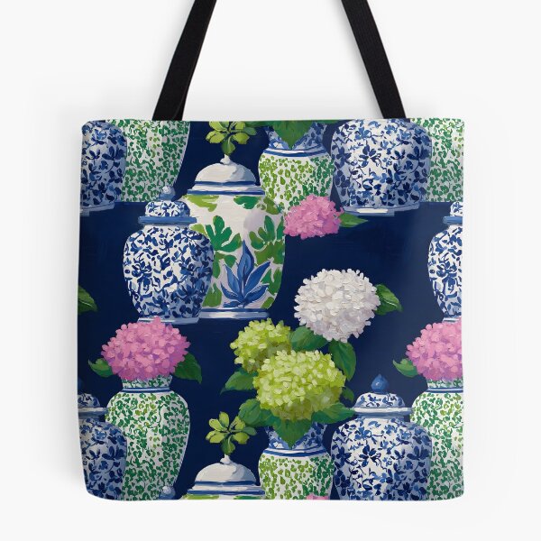 Item preview, Preppy hydrangea and ginger jars in navy blue, preppy pink and Kelly green designed and sold by SophieClimaArt.
