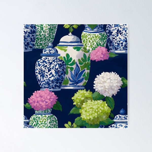 Item preview, Preppy hydrangea and ginger jars in navy blue, preppy pink and Kelly green designed and sold by SophieClimaArt.