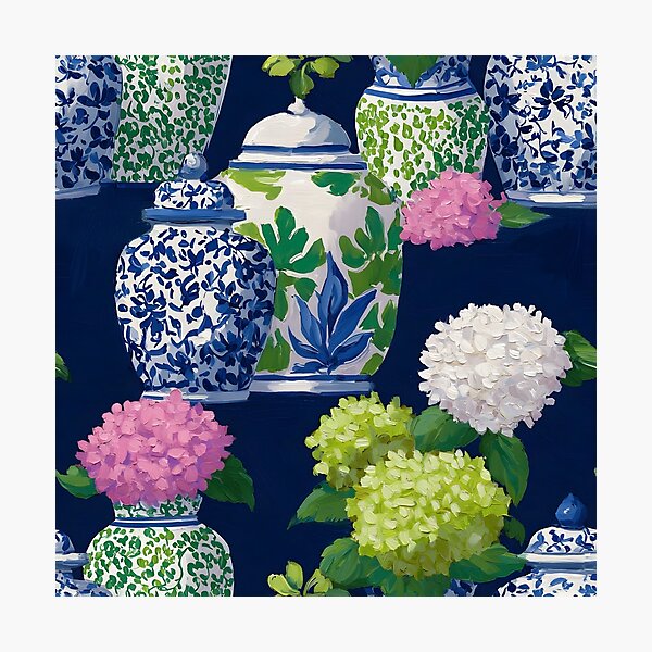 Item preview, Preppy hydrangea and ginger jars in navy blue, preppy pink and Kelly green designed and sold by SophieClimaArt.