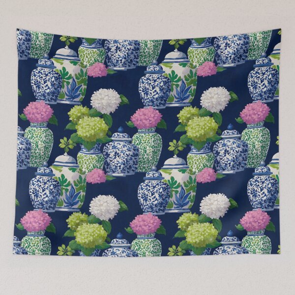 Item preview, Preppy hydrangea and ginger jars in navy blue, preppy pink and Kelly green designed and sold by SophieClimaArt.