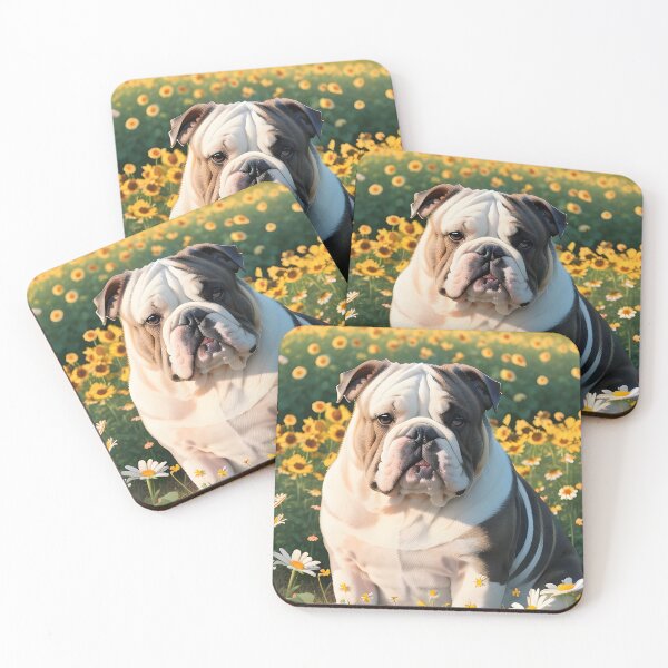 Item preview, English Bulldog Close Up Portrait Yellow Flower Field designed and sold by CanineCourier.