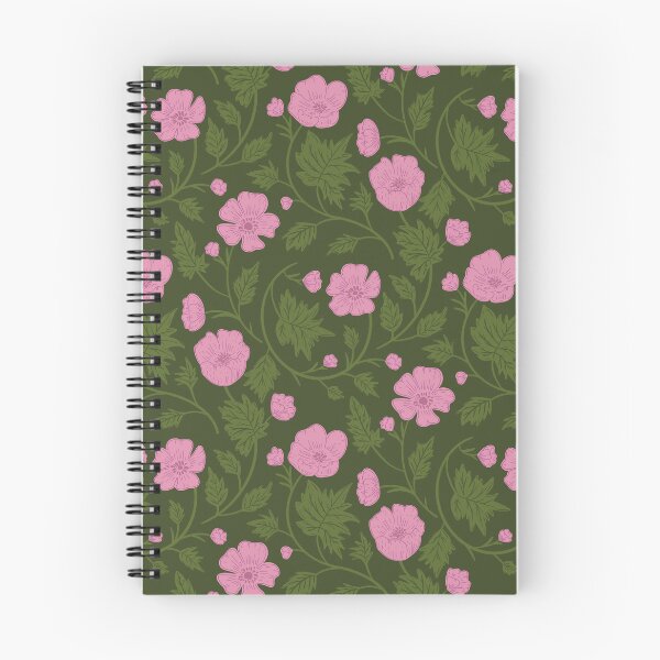 Item preview, Pink five-petaled flowers and leaf tendrils on a dark green background in Art Nouveau style designed and sold by Karima Deiss.