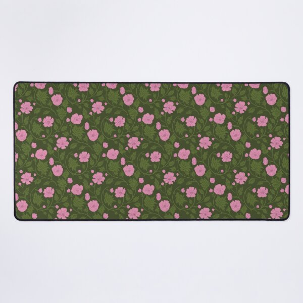 Item preview, Pink five-petaled flowers and leaf tendrils on a dark green background in Art Nouveau style designed and sold by Karima Deiss.