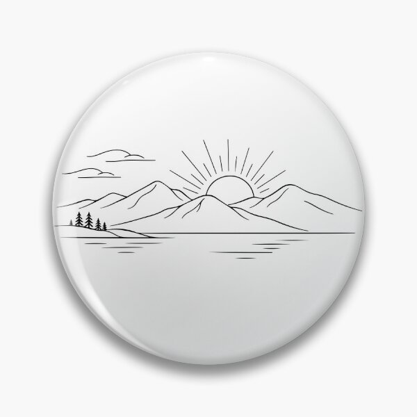 Item preview, Minimal black-and-white line illustration of a mountain sunrise over a calm lake with pine trees and sun rays, evoking serenity, outdoors adventure, designed and sold by Dejbar.