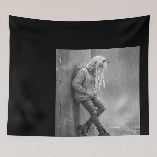 Item preview, Anime Girl in Rain, Monochrome designed and sold by DeBrainstore.