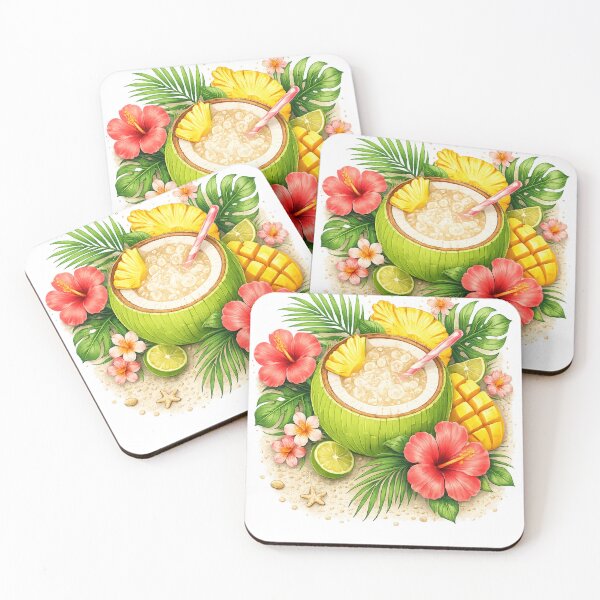 Item preview, Tropical Coconut Cocktail with Hibiscus Flowers – Summer Beach Paradise designed and sold by Melody Printable.
