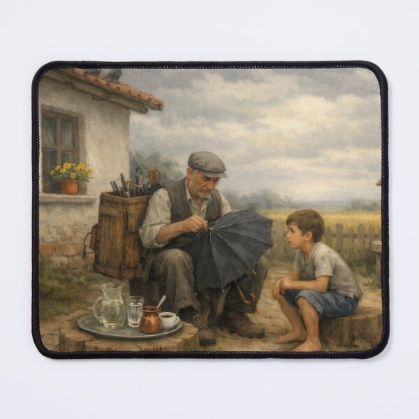 Item preview, The Umbrella Maker Before the Rain – Poetic Realism Rural Summer Painting designed and sold by slikar.