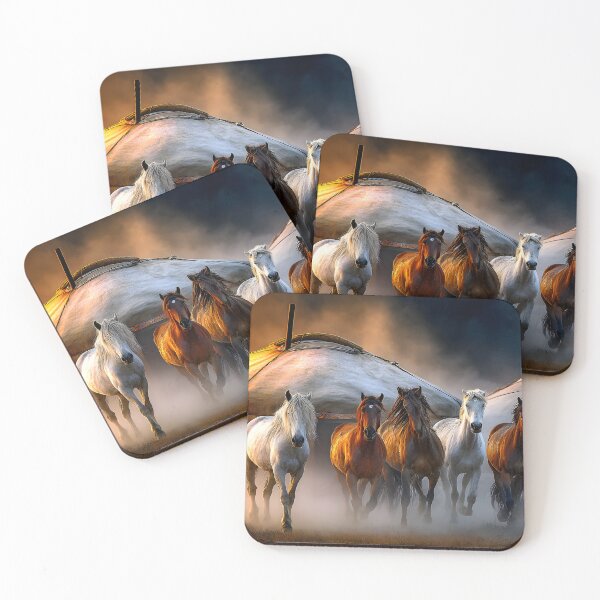 Item preview, Majestic Horses at Sunrise near Traditional Yurts designed and sold by Artessie.