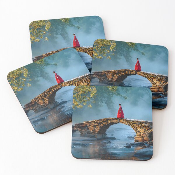 Item preview, Misty Bridge with Woman in Red Dress at Dawn designed and sold by Artessie.