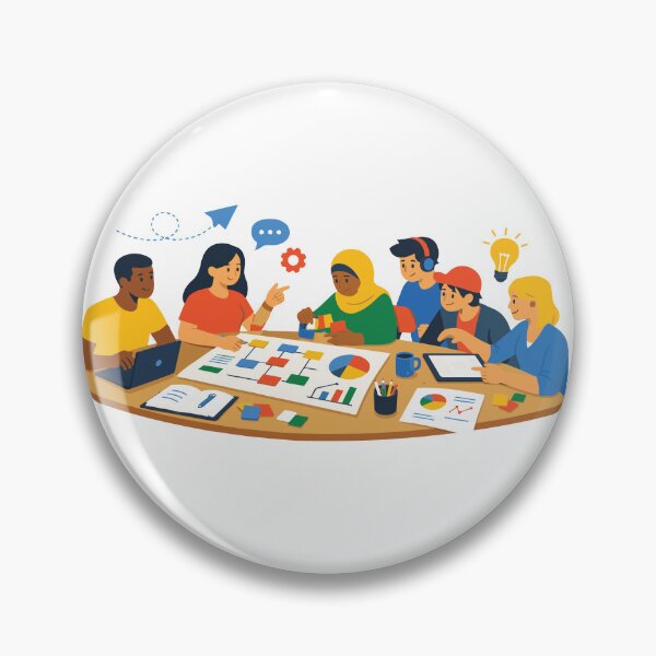 Item preview, A diverse group of young professionals and students collaborate around a table, planning a creative project with charts, sticky notes, laptop and tablet while exchanging ideas designed and sold by Dejbar.