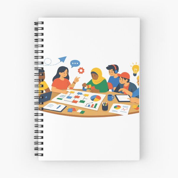 Item preview, A diverse group of young professionals and students collaborate around a table, planning a creative project with charts, sticky notes, laptop and tablet while exchanging ideas designed and sold by Dejbar.