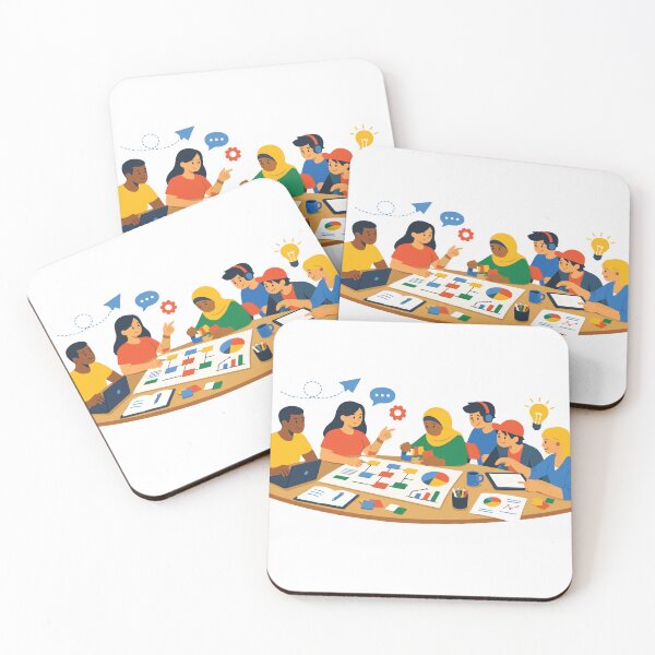 Item preview, A diverse group of young professionals and students collaborate around a table, planning a creative project with charts, sticky notes, laptop and tablet while exchanging ideas designed and sold by Dejbar.