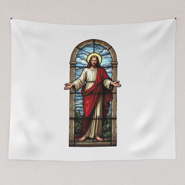 Item preview, Jesus With Open Arms - Antique Stained Glass Christian Art designed and sold by Pastor Reeves Studio.