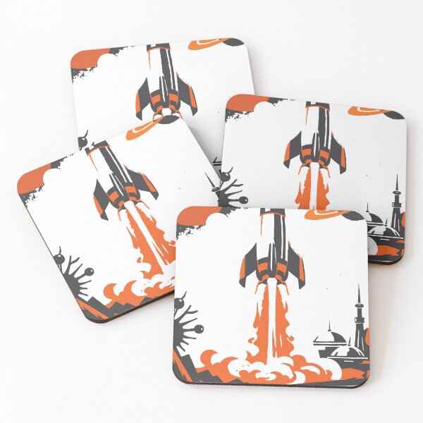 Item preview, Bold retro-style illustration of a rocket launch over an alien landscape, featuring planets, a ringed planet, moon base domes and a futuristic skyline evoking adventure designed and sold by Dejbar.