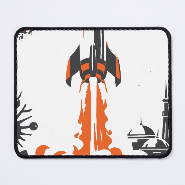 Item preview, Bold retro-style illustration of a rocket launch over an alien landscape, featuring planets, a ringed planet, moon base domes and a futuristic skyline evoking adventure designed and sold by Dejbar.
