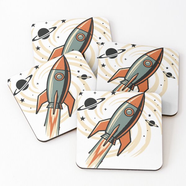 Item preview, Bold retro-style illustration of a rocket launch over an alien landscape, featuring planets, a ringed planet, moon base domes and a futuristic skyline evoking adventure1 designed and sold by Dejbar.