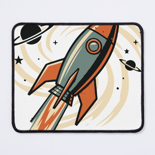 Item preview, Bold retro-style illustration of a rocket launch over an alien landscape, featuring planets, a ringed planet, moon base domes and a futuristic skyline evoking adventure1 designed and sold by Dejbar.