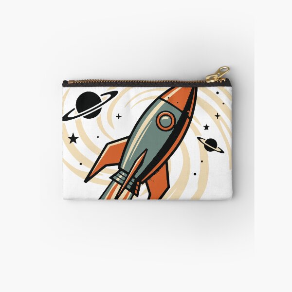 Item preview, Bold retro-style illustration of a rocket launch over an alien landscape, featuring planets, a ringed planet, moon base domes and a futuristic skyline evoking adventure1 designed and sold by Dejbar.