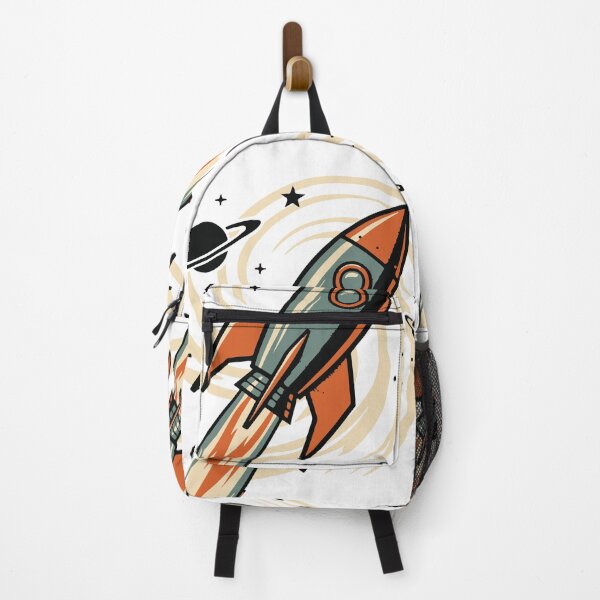 Item preview, Bold retro-style illustration of a rocket launch over an alien landscape, featuring planets, a ringed planet, moon base domes and a futuristic skyline evoking adventure1 designed and sold by Dejbar.