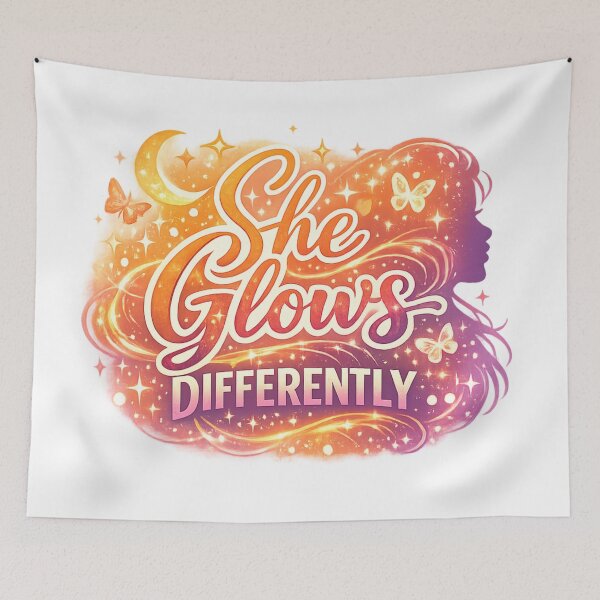 Item preview, She Glows Differently – Empowered Feminine Aura Typography Design designed and sold by Nusha Creations.