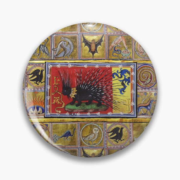 Item preview, MEDIEVAL BESTIARY, BLACK HEDGEHOG KING,FANTASTIC ANIMALS IN GOLD RED BLUE COLORS designed and sold by BulganLumini.