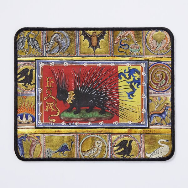 Item preview, MEDIEVAL BESTIARY, BLACK HEDGEHOG KING,FANTASTIC ANIMALS IN GOLD RED BLUE COLORS designed and sold by BulganLumini.