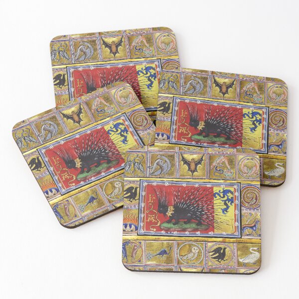 Item preview, MEDIEVAL BESTIARY, BLACK HEDGEHOG KING,FANTASTIC ANIMALS IN GOLD RED BLUE COLORS designed and sold by BulganLumini.