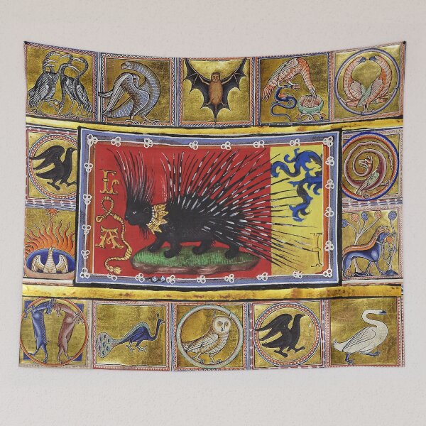 Item preview, MEDIEVAL BESTIARY, BLACK HEDGEHOG KING,FANTASTIC ANIMALS IN GOLD RED BLUE COLORS designed and sold by BulganLumini.