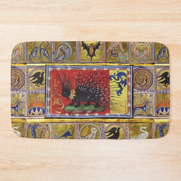 Item preview, MEDIEVAL BESTIARY, BLACK HEDGEHOG KING,FANTASTIC ANIMALS IN GOLD RED BLUE COLORS designed and sold by BulganLumini.