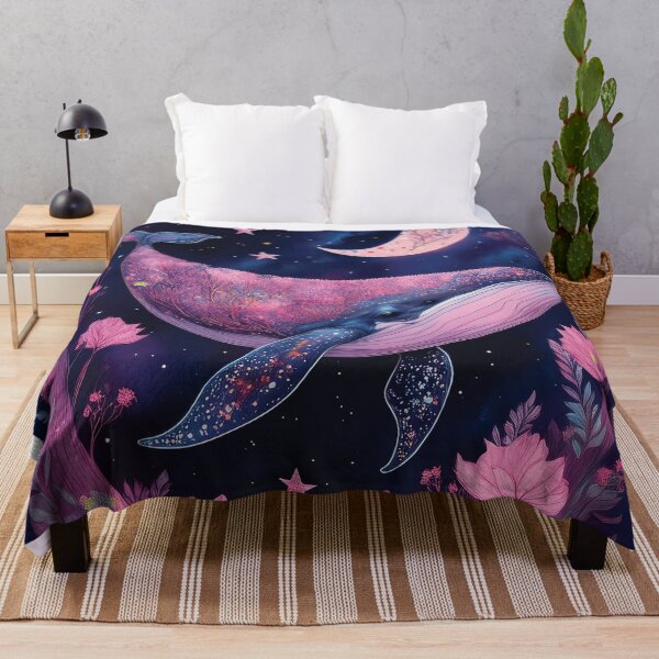 Item preview, Whale in fairy-tale botanicals watercolor flowers painting, navy blue and pastel pink magical landscape watercolor designed and sold by navitalidesign.