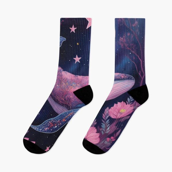 Item preview, Whale in fairy-tale botanicals watercolor flowers painting, navy blue and pastel pink magical landscape watercolor  designed and sold by navitalidesign.