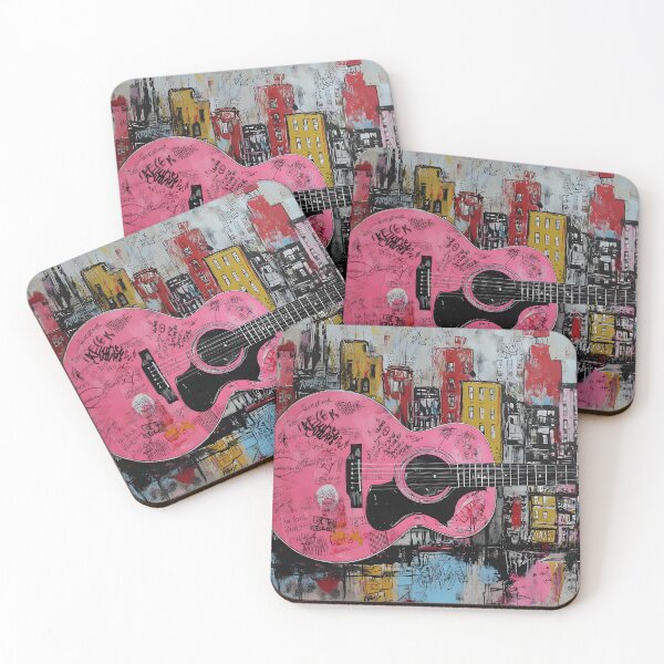 Item preview, Large Pink Guitar Against Colorful Urban Skyline in Bold Red, Yellow and Blue designed and sold by OlfactoART Studio.